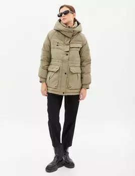 Пальто с карманами и воротником-стойкой из гусиного пера цвета хаки Kayra