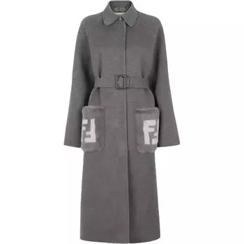 Пальто с поясом и детальным логотипом FENDI, серый