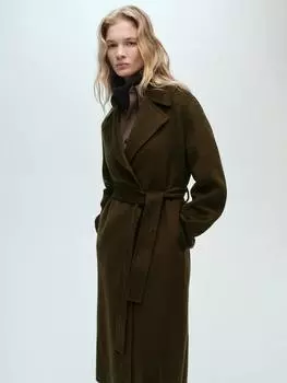 Пальто с поясом из смесовой шерсти batin Mango, хаки