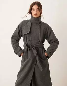 Пальто с воротником-стойкой и завязкой на талии серого цвета New Look