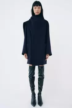 Пальто-шарф из шерстяной смеси ZARA, темно-синий