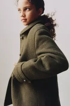 Пальто шерстяное с пуговицами ZARA, темно-зеленый