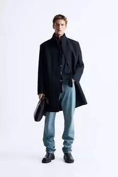 Пальто со съемным воротником ZARA, темно-синий