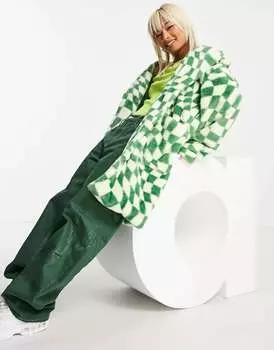 Пальто средней длины из искусственного меха Daisy Street с волнистым шахматным принтом