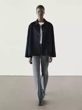 Пальто средней длины из смесовой шерсти с накладными карманами Massimo Dutti, синий