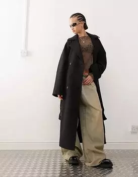 Пальто свободного кроя из смесовой шерсти с двумя пуговицами и завязкой на талии темно-серого меланжевого цвета Weekday