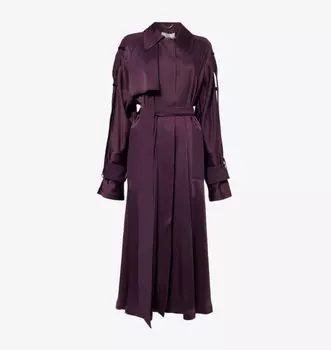 Пальто свободного кроя из тканой смеси с поясом и двумя прорезными карманами Victoria Beckham, цвет fig