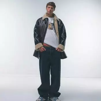 Пальто Topman Longline Faux Shearling, черный/бежевый