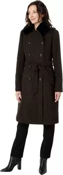 Пальто Vince Camuto Double-Breasted Belted Wool Coat with Faux Fur Collar V20731-ME, цвет Black/Brown Plaid