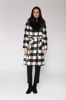 Пальто в клетку с черным меховым карманом-сумкой и съемным воротником Черное Concept., черный