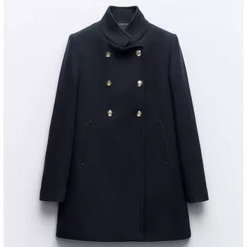 Пальто Zara Double-Breasted High Neck Wool Blend, темно-синий