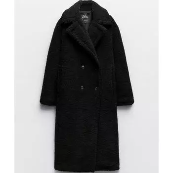 Пальто Zara Extra-Long Faux Shearling, черный