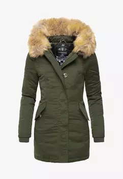 Пальто зимнее Marikoo с мехом на капюшоне, оливковый