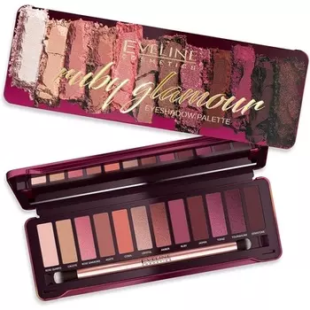 Палетка теней Ruby Glamour Eyeshadow Palette 12 Matte Shimmer Набор для макияжа глаз с зеркалом и кистью, Eveline Cosmetics