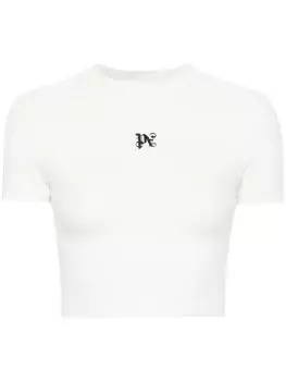 Palm Angels укороченная футболка с вышитым логотипом, нейтральный цвет
