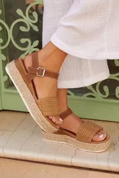 Панамские босоножки на платформе из двух частей из рафии Linzi, коричневый