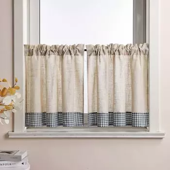 Панельная штора Joyswahl Льняная штора-бистро Клетчатые кухонные шторы Современные шторы на шнурке Полупрозрачные Ш x В 90 x 90 см Синий Упаковка из 2 шт.