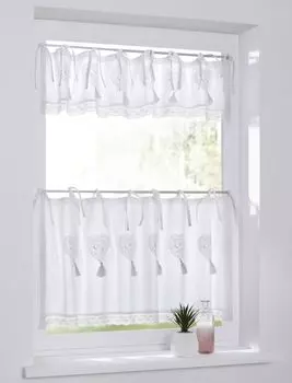 Панельная штора Kutti, штора-бистро, панно, деревенский дом, Камилла, белое сердце, вязанная крючком, кружево, хлопковые завязки, 120 x 25 см