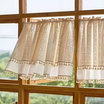Панельная штора в стиле бохо, винтажная кружевная штора-бистро с кисточкой, двухслойная льняная короткая штора для кухни, гостиной, спальни, Ш x В: 76 x 61 см PMS