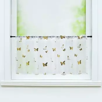 Панельные шторы Joyswahl, шторы-бистро, кухонные шторы, короткие шторы с ярким узором бабочки, стиль кантри, прозрачная кулиска, серебристый, В х Ш 60 х 140 см, серебро