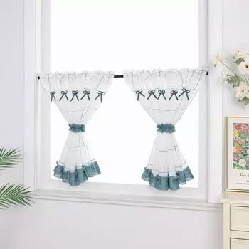 Панельные шторы Joyswahl Синяя клетчатая штора-бистро Льняные кухонные шторы на шнурке с синими бантами и ремнями 1 шт. Ш x В 140 x 45 см, синий