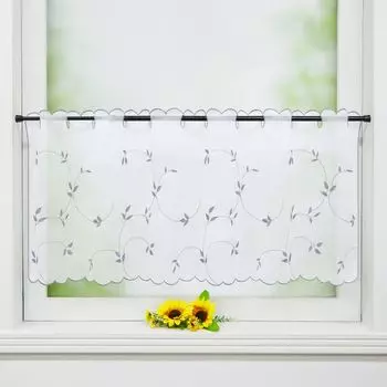 Панельные шторы Joyswahl Вуаль-бистро Штора с вышивкой листьев Прозрачные вышитые кухонные короткие шторы Белый Светло-серый В x Ш 30 x 90 см