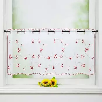 Панельные шторы Joyswahl Вуаль-бистро Штора с вышивкой листьев Прозрачные кухонные короткие шторы с вышивкой Белый Красный В x Ш 45 x 90 см