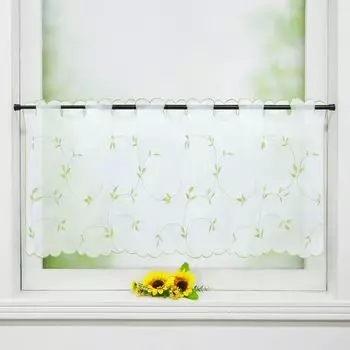 Панельные шторы Joyswahl Вуаль-бистро Штора с вышивкой листьев Прозрачные вышитые кухонные короткие шторы Белый Зеленый В x Ш 30 x 90 см