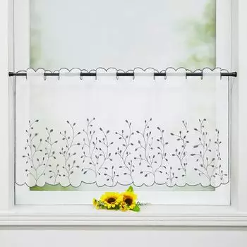Панельные шторы Joyswahl, вуаль-бистро с вышивкой темно-серых листьев, кухонные шторы, короткие шторы с вышивкой, карниз, прозрачный, белый, В x Ш 45 x 120 см, темно-серый