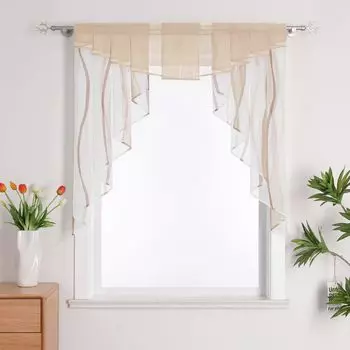 Панельные шторы Joyswahl, вуаль, занавеска-бистро, занавеска М-типа, короткая занавеска на шнурке, кухонные шторы, коричневые, Ш x В 120 x 145 см, коричневый