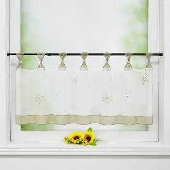 Панельные шторы Joyswahl Занавеска-бистро с петлями Современная кухня Короткие шторы с вышивкой бабочки Прозрачный белый песок В x Ш 30 x 90 см, бежевый