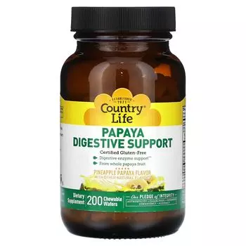 Папайя для поддержки пищеварения, ананасовая папайя, 200 жевательных вафель Country Life