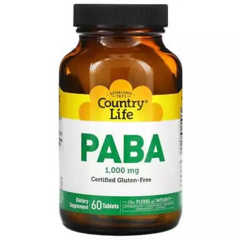 Пара-аминобензойная кислота (ПАБК) с замедленным высвобождением, Country Life, 1000 мг, 60 таблеток