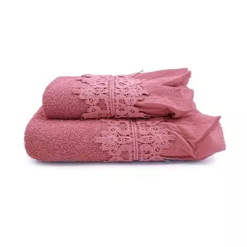 Пара хлопковых махровых полотенец с хлопковыми рюшами с эффектом потертости - Ophelia Lisola, цвет Lampone