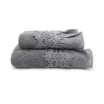 Пара хлопковых махровых полотенец с хлопковыми рюшами с эффектом потертости - Ophelia Lisola, свинец