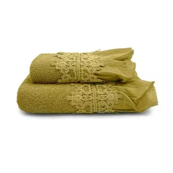 Пара хлопковых махровых полотенец с хлопковыми рюшами с эффектом потертости - Ophelia Lisola, цвет Olio