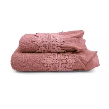 Пара хлопковых махровых полотенец с хлопковыми рюшами с эффектом потертости - Ophelia Lisola, цвет Rosa Antico