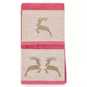 Пара хлопковых махровых полотенец с льняными рюшами - «Северный олень» Lisola, цвет Lampone
