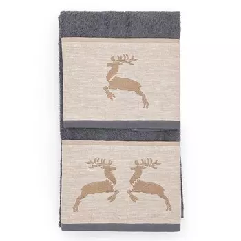 Пара хлопковых махровых полотенец с льняными рюшами - «Северный олень» Lisola, свинец