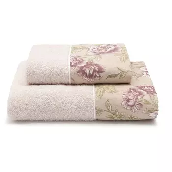 Пара хлопковых махровых полотенец с оборкой из листьев - Розовый Lisola, цвет Malva