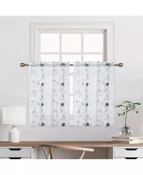 Пара прозрачных кухонных штор из вуали с цветочной вышивкой, 52 x 30 дюймов CAROMIO, синий