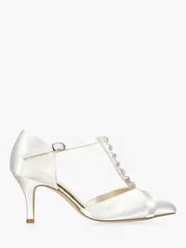 Paradox London Anika Атласные туфли-лодочки на среднем каблуке с Т-образной планкой и кристаллами, цвет слоновой кости