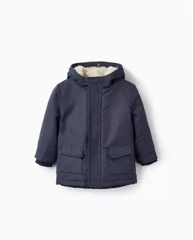 Парка для мальчика с меховым капюшоном и ребристыми манжетами Zippy, темно-синий