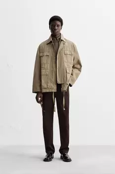 Парка из мытой панзеты ZARA, серо-коричневый