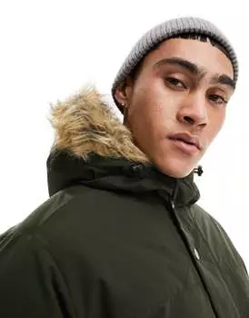 Парка Jack & Jones с капюшоном из искусственного меха цвета хаки