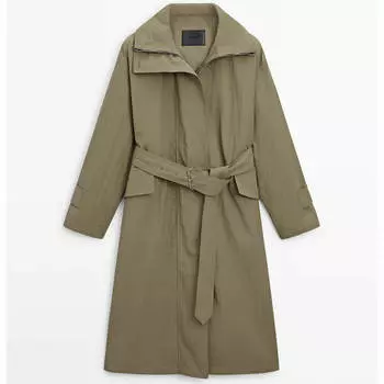 Парка Massimo Dutti Long High Neck With Hood And Belt, свело-зеленый
