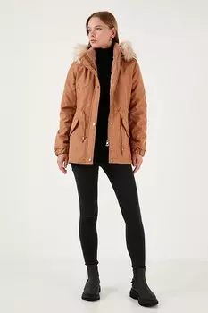 Парка стандартного кроя с капюшоном из искусственного меха 6403319 Lela, загар