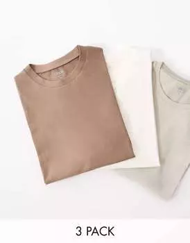 Парочка из 3 больших футболок с длинными рукавами ASOS экрю, бежевого и коричневого цветов