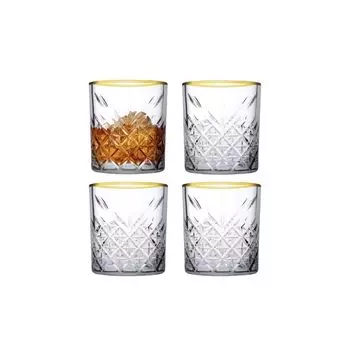 Pasabahce 52790 Стакан для виски Timeless, дизайн с кристаллами, высота 9,6 см, 345 мл, 4 шт. в упаковке, ретро-дизайн, золото