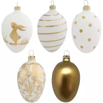 Пасхальное яйцо «Счастливые белые яйца», дизайн из тюрингского стекла, пасхальное украшение, выдувное дело, декор вручную Thringer Glasdesign, золотой/белый